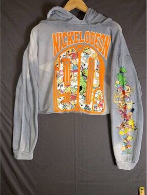 Nickelodeon 90s Cartoon Hoodie XL Gray Cropped Sweatshirt Retro Characters
